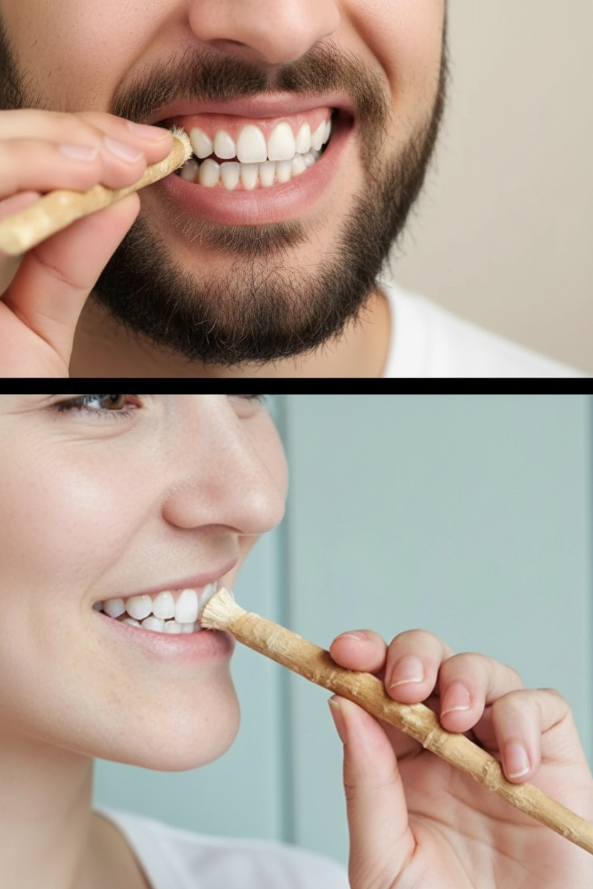 Man and a Woman holding a Miswak to his mouth and using it.